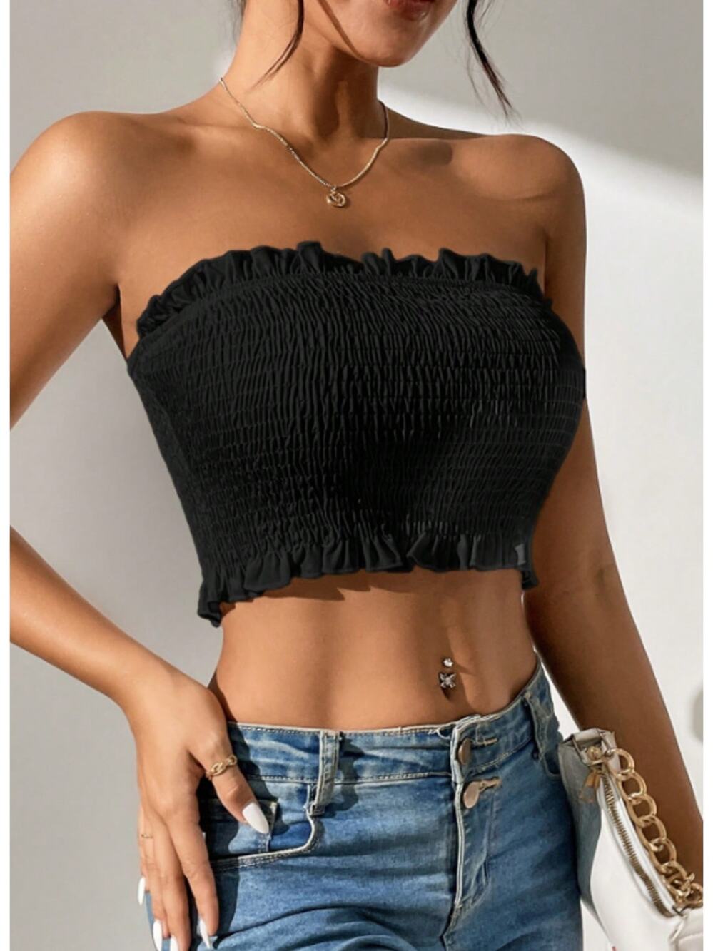 Express One Eleven Black Smocked Strapless Tube Top Women's Size Small